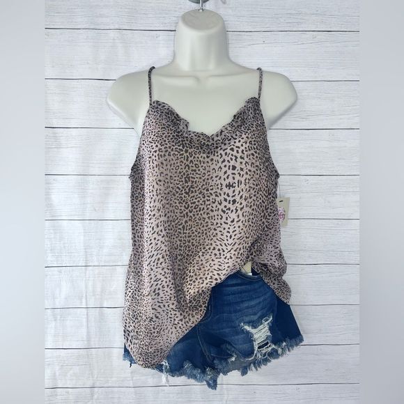 Boutique Brand Leopard Cheetah Print Ruffle Neckline V Neck Shift Cami Tank Top - Picture 1 of 9